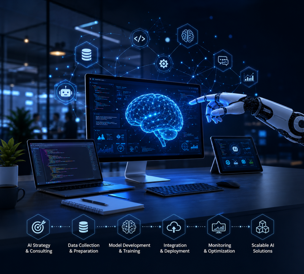AI development workspace with a digital brain and robotic arm