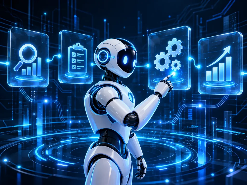 AI agent robot interacting with analysis, planning, execution and results panels