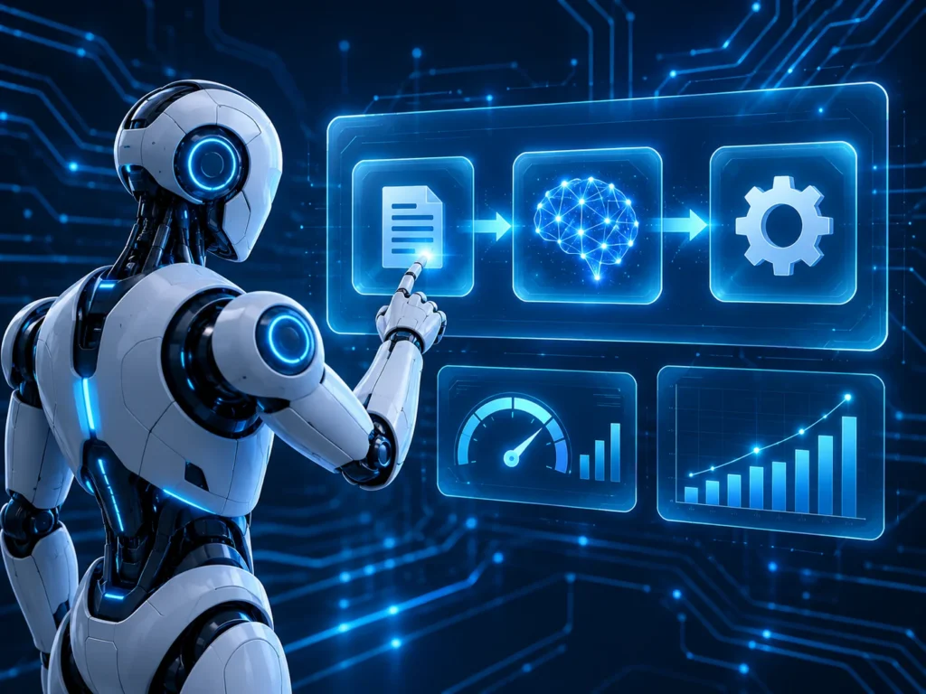 AI automation robot operating a document, intelligence and workflow system