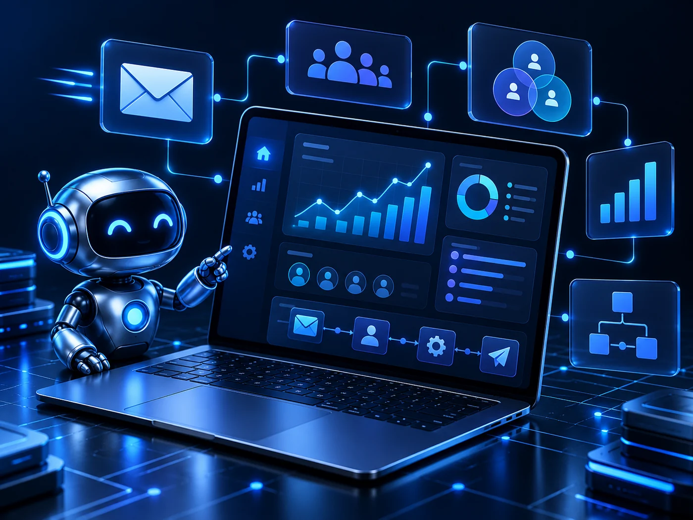 AI marketing dashboard with connected automated workflows