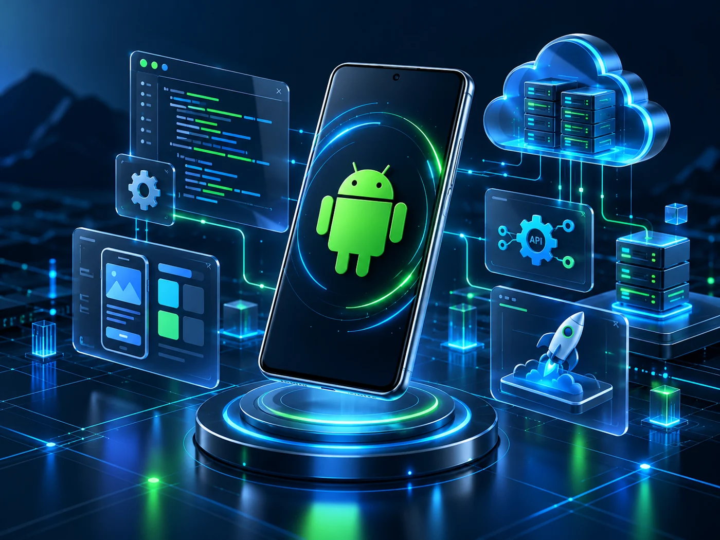 Android app development — glowing smartphone technology illustration