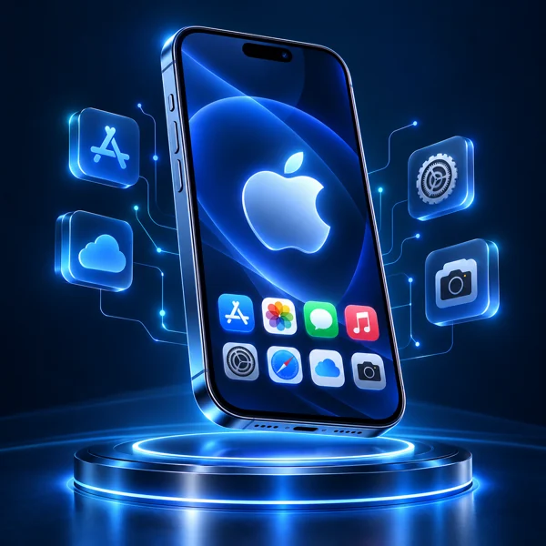 Glowing blue smartphone illustration for iOS app development