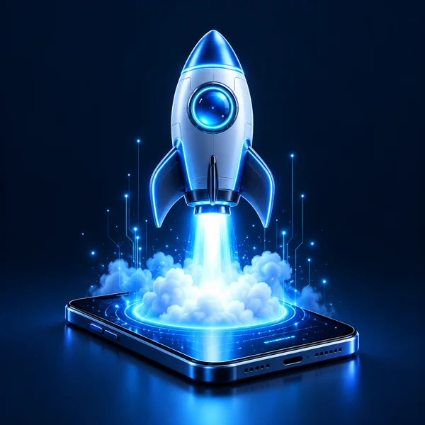 Blue rocket illustration for startup app launch