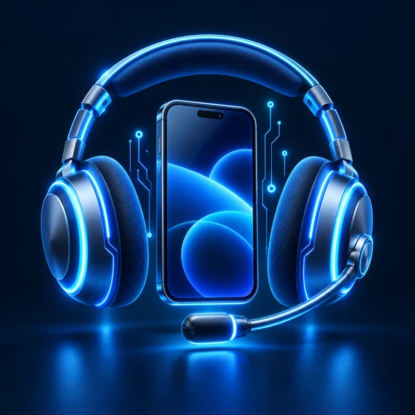 Blue headset illustration for mobile app maintenance and support