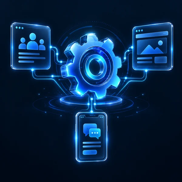 Connected gear, web and mobile interfaces representing AI integration