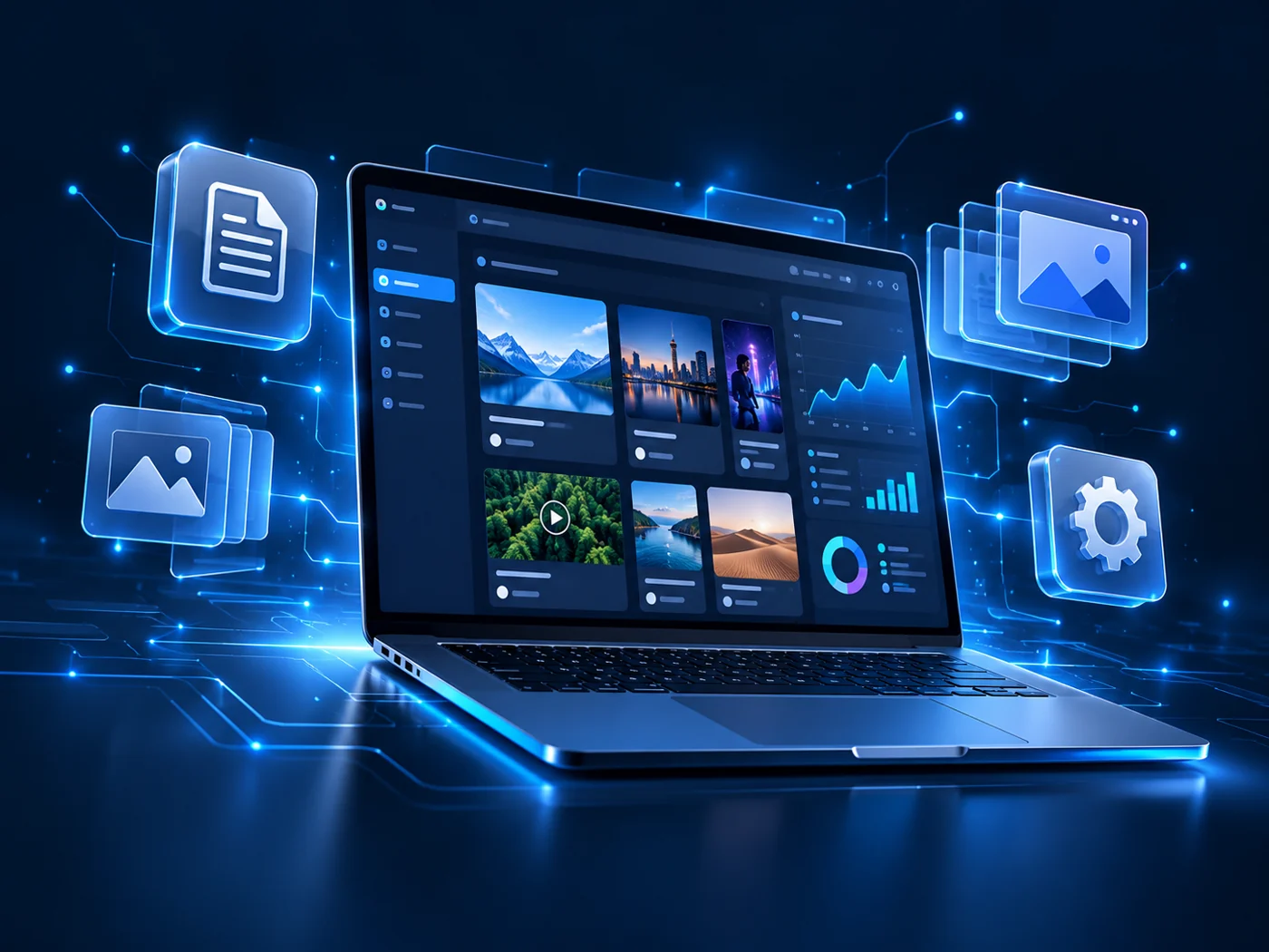 Content management dashboard with media and content cards