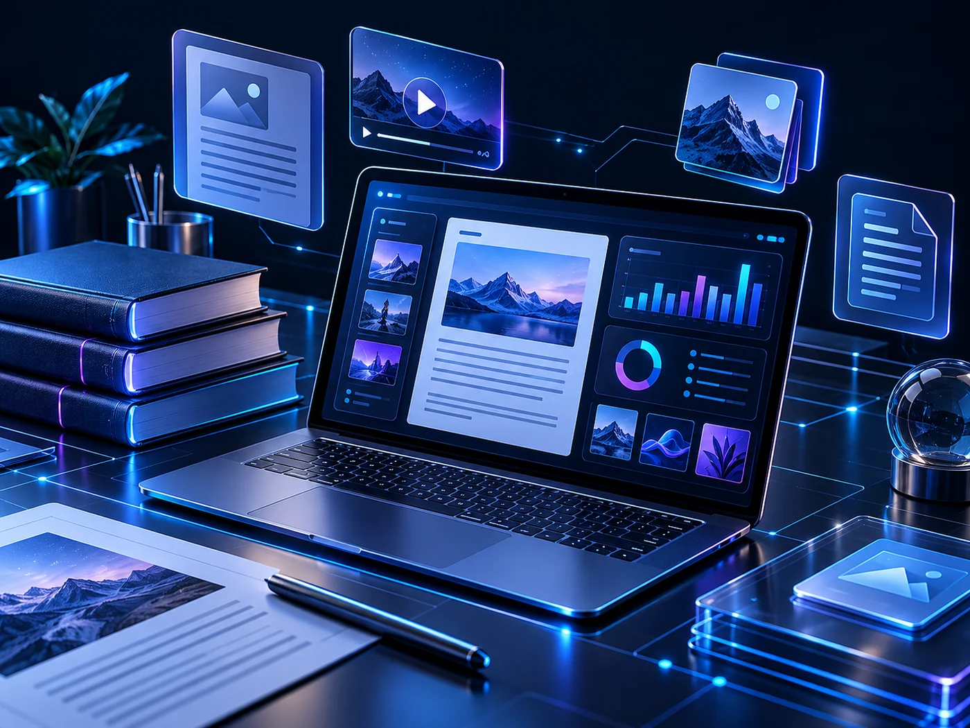 Content planning dashboard with articles and media previews