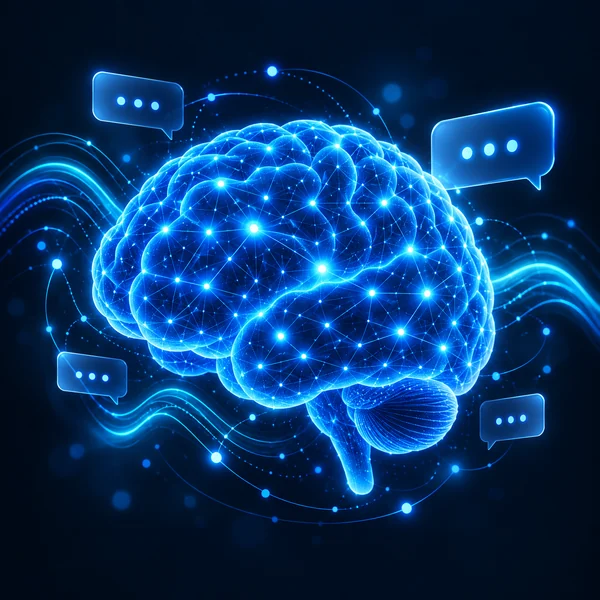 Neural brain and speech bubbles representing conversational AI and natural language processing