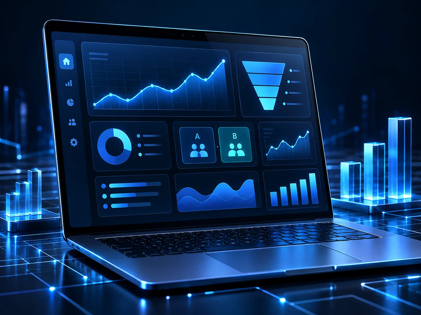 Conversion analytics dashboard with charts and experiment panels