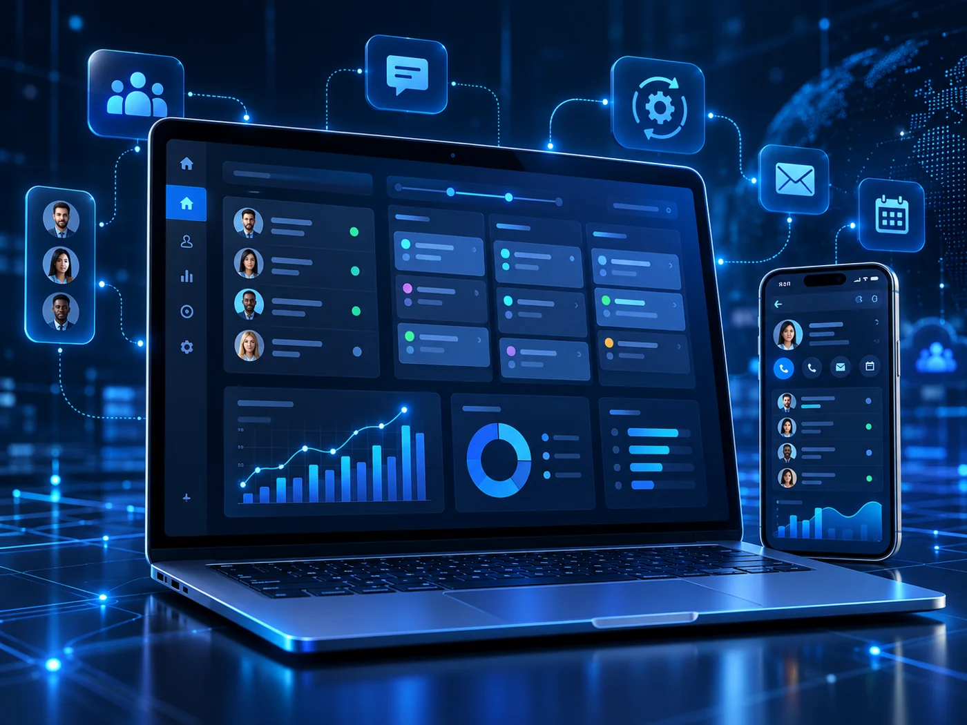 CRM dashboard with customer contacts, sales pipeline, analytics and mobile access
