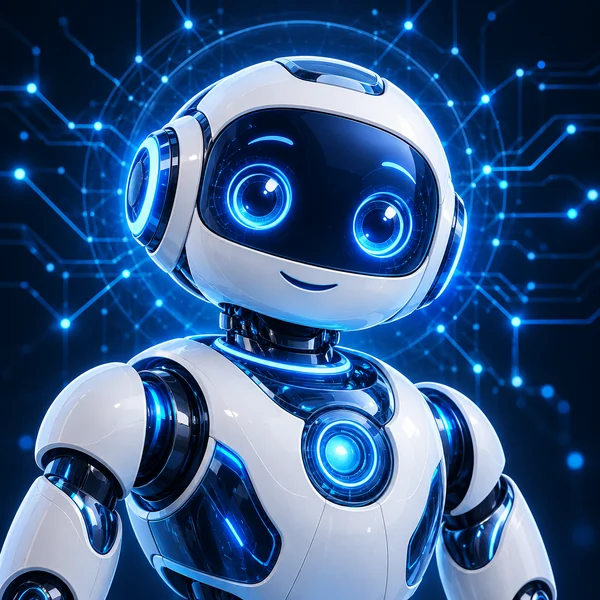 Friendly custom AI agent robot with connected neural circuitry