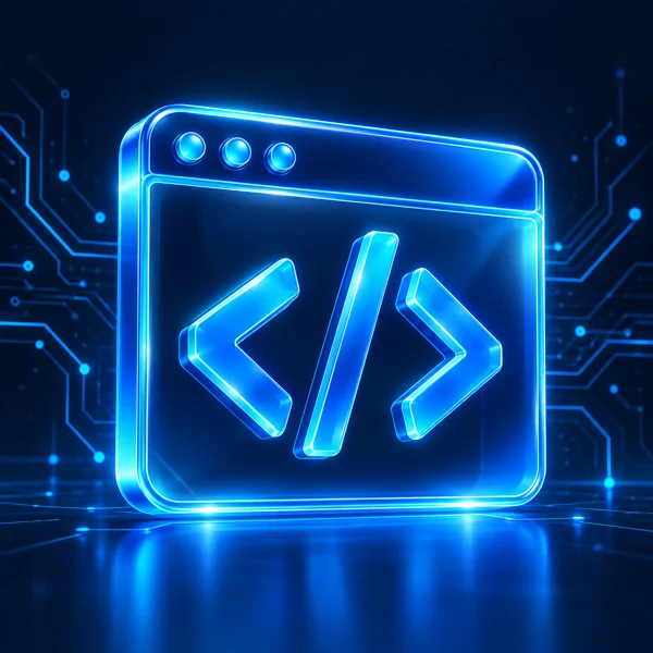 Glowing browser window with code brackets for custom development