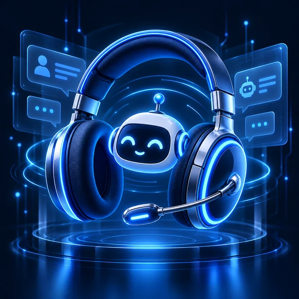 Friendly robot and headset representing customer support chatbots