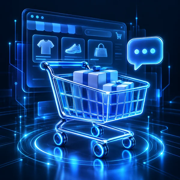 Shopping cart and conversation bubble representing e-commerce chatbot solutions
