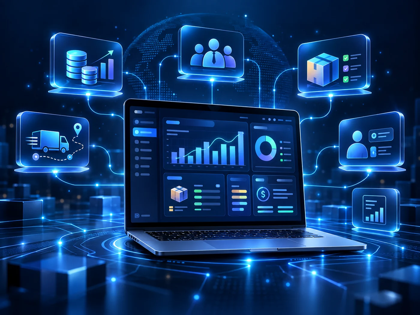ERP dashboard connecting finance, people, inventory and supply chain