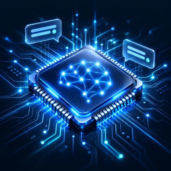 Neural microprocessor and chat bubbles representing generative AI chatbots