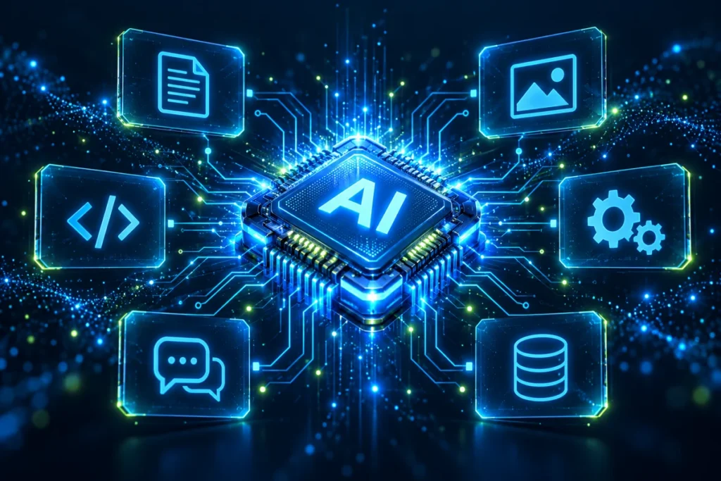Glowing AI processor connected to content, code, workflow, chatbot and knowledge interfaces