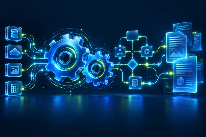 Connected gears and workflow nodes automating generative AI tasks