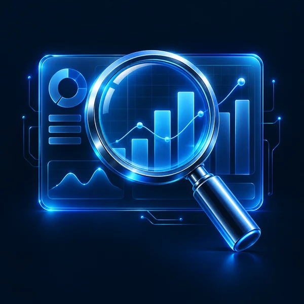 Blue magnifying glass illustration for research and audits