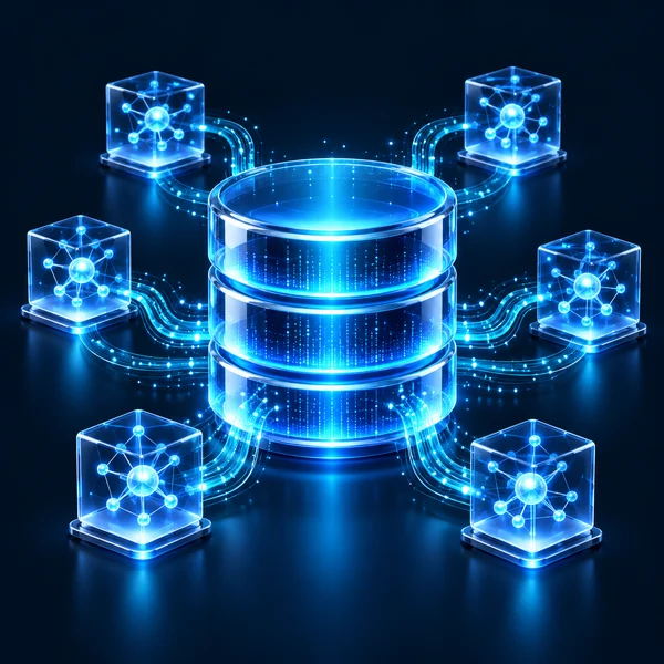 Database and connected intelligence nodes representing data automation