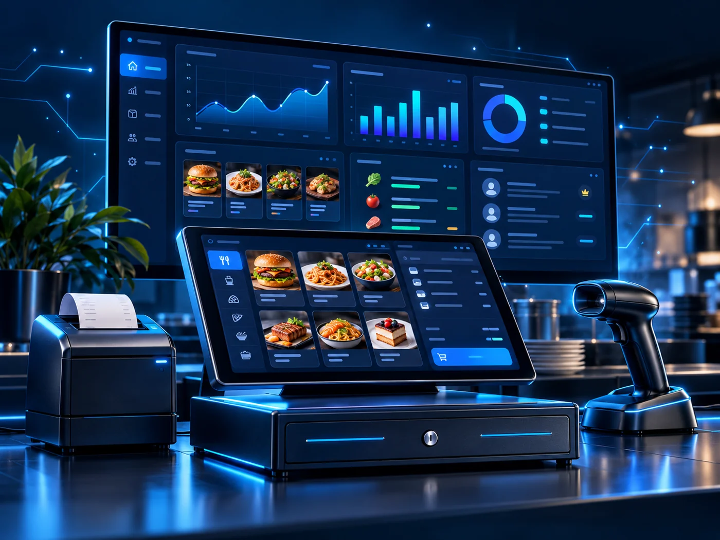 POS dashboard, checkout terminal, receipt printer and barcode scanner