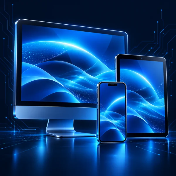 Desktop, tablet and phone representing responsive design