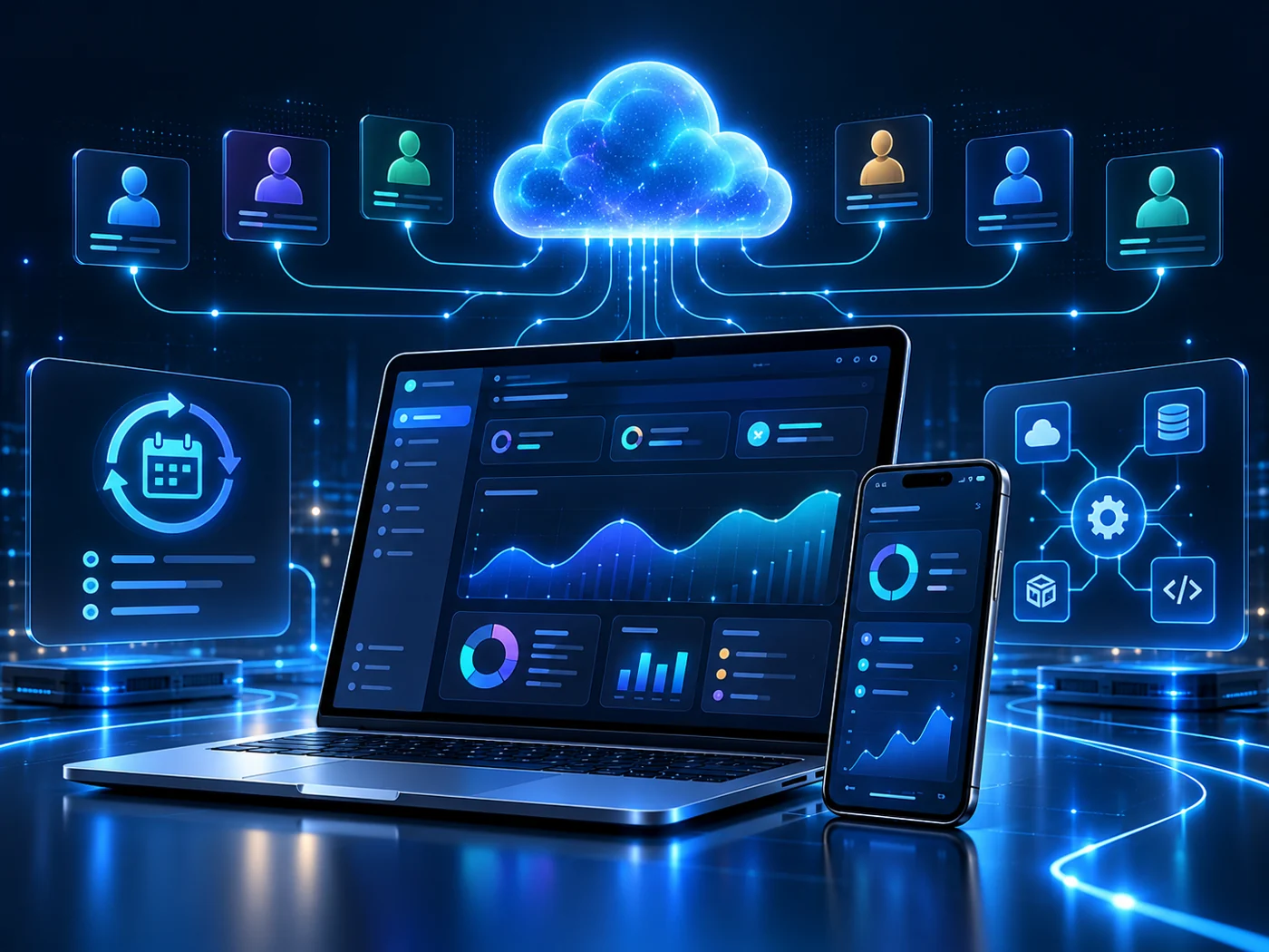 SaaS platform dashboard on a laptop and smartphone with a glowing cloud