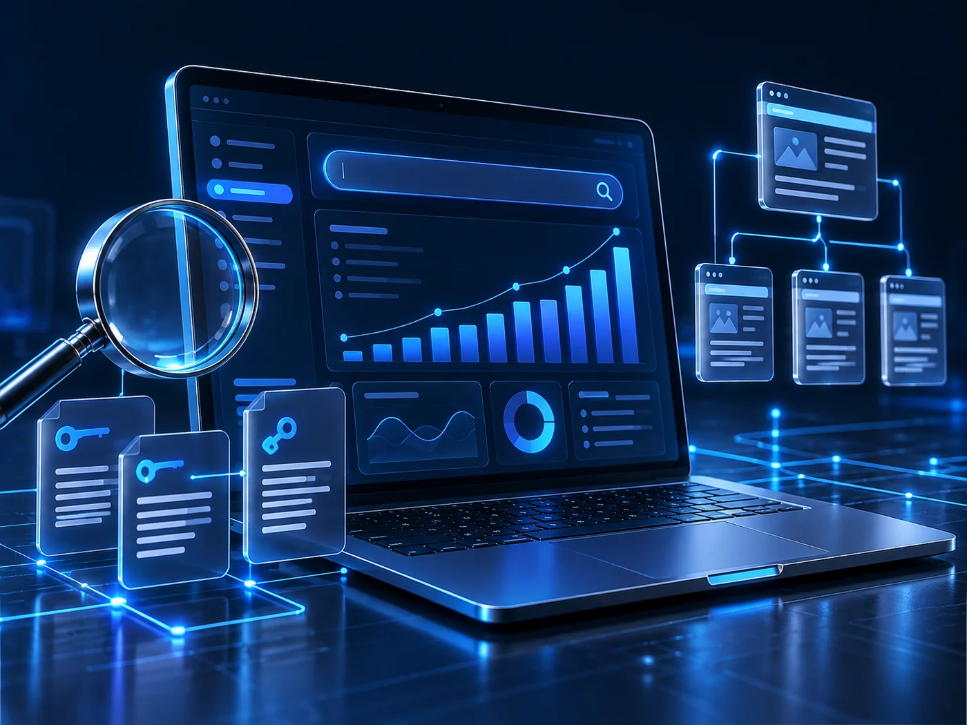 Search optimization dashboard with keyword and traffic charts