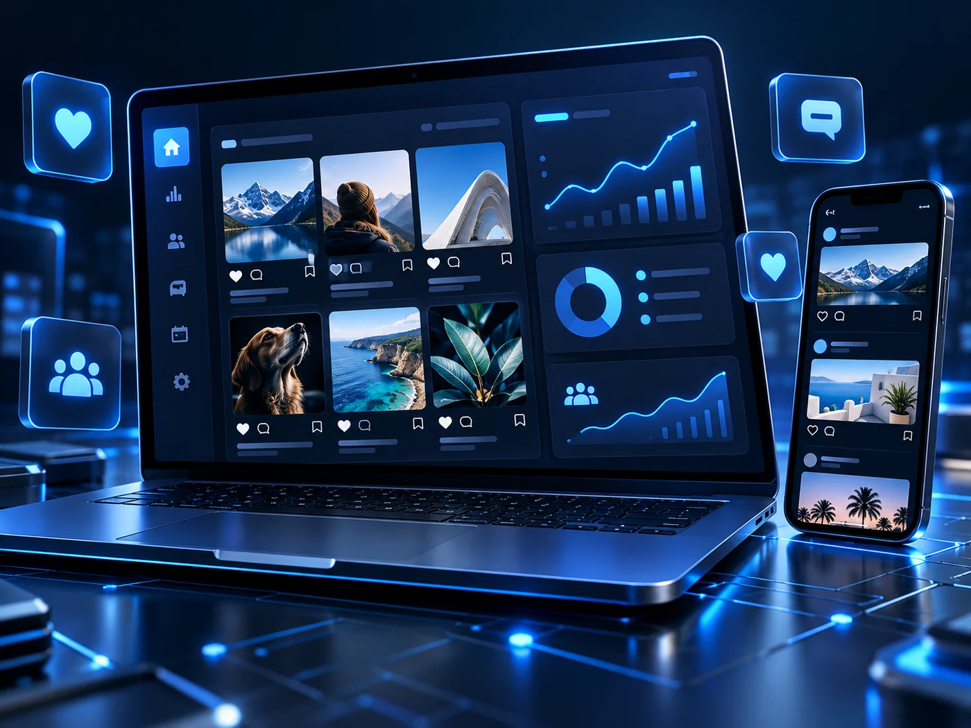 Social media planning dashboard with mobile content preview
