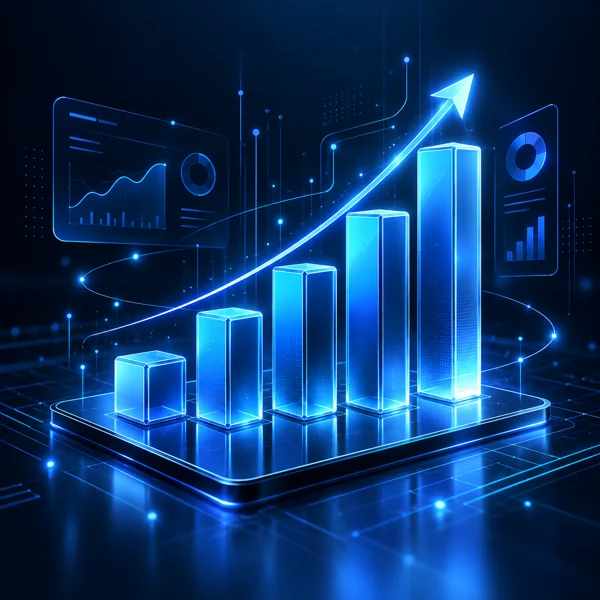 Business analytics dashboard and rising bar chart