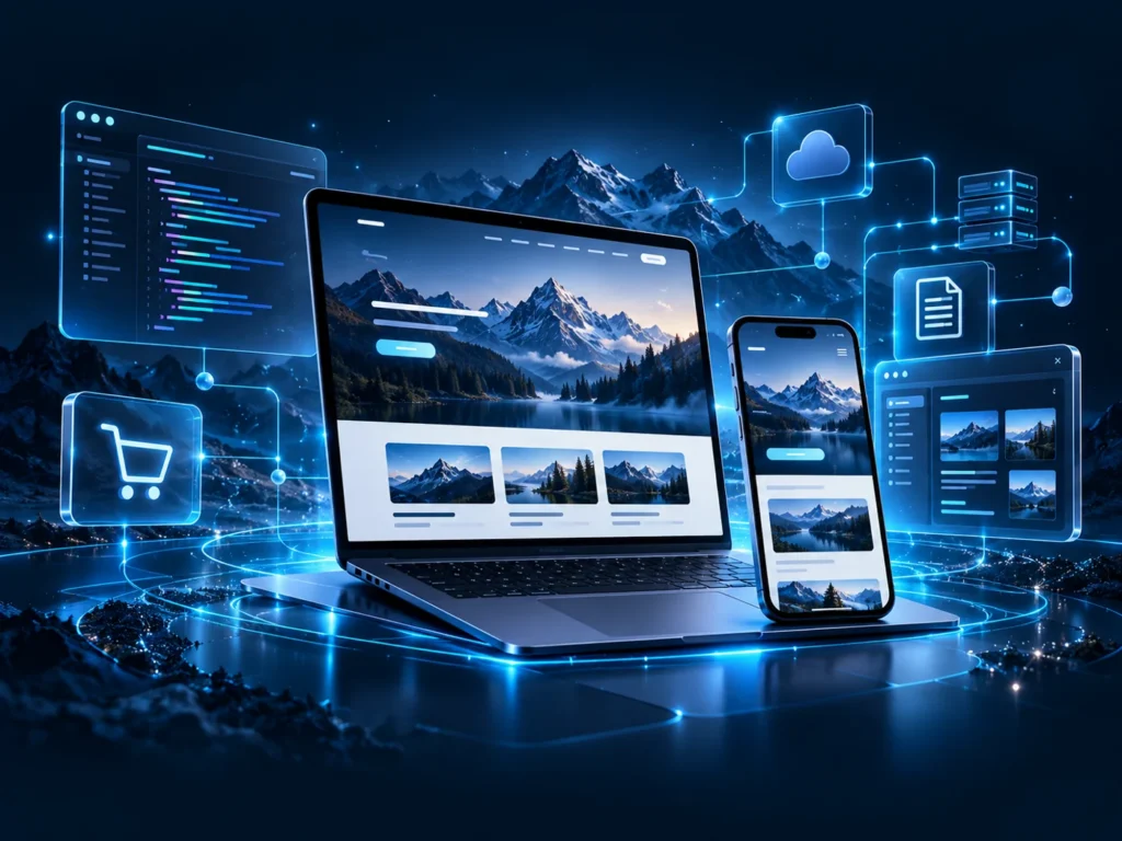 Responsive website with code and cloud integration panels