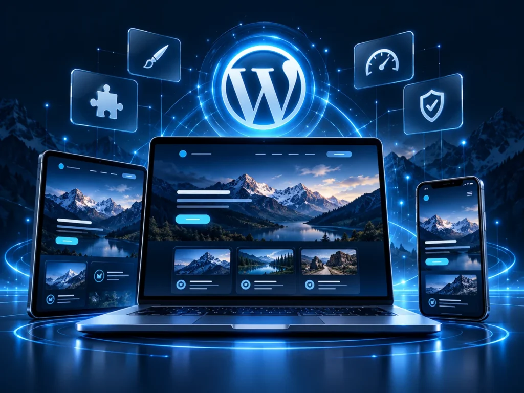 WordPress website displayed on a laptop, tablet and mobile phone